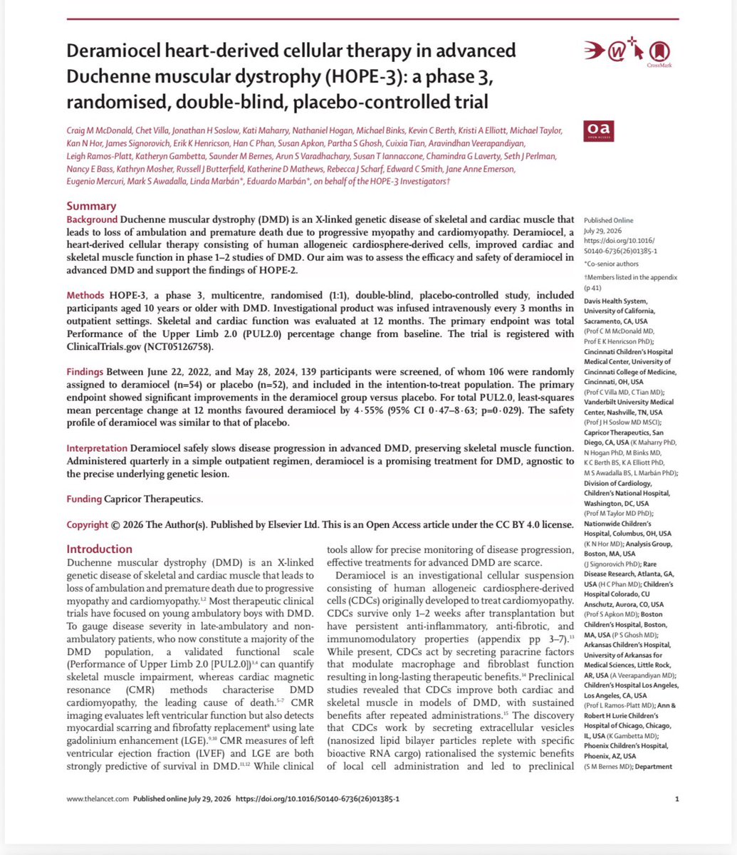 MarbanLab's tweet photo. Lancet paper provides important independent validation of the HOPE-3 trial. Let’s get #deramiocel to all #Duchenne patients in dire need. https://t.co/2ptusBhUnd