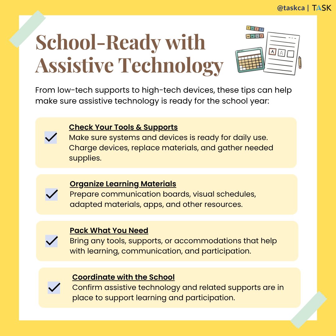 taskca's tweet photo. 📚 A new school year brings new opportunities to learn and grow.

Assistive technology helps support learning, communication, and independence in many ways. Preparing these tools and supports ahead of time can help students feel confident and ready for the classroom. https://t.co/2Aaa1yJ5nS