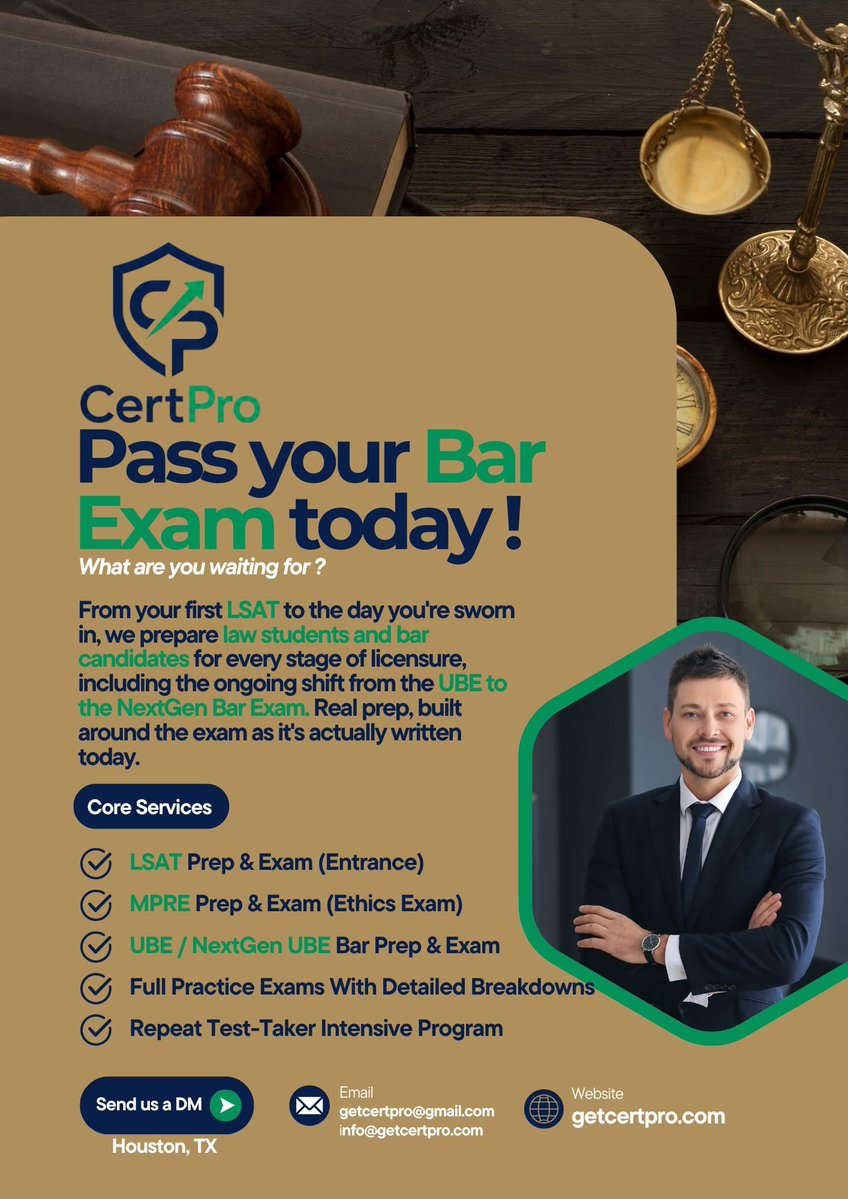 certpro_exampr's tweet photo. Pass Your Bar Exam Today

CertPro builds prep around whichever version you're actually facing, LSAT, MPRE, and the Bar itself.

Which state are you testing in? 👇

#BarExam #NextGenBarExam #UBE #FutureLawyer #LawSchool https://t.co/e0ji7e8c0h