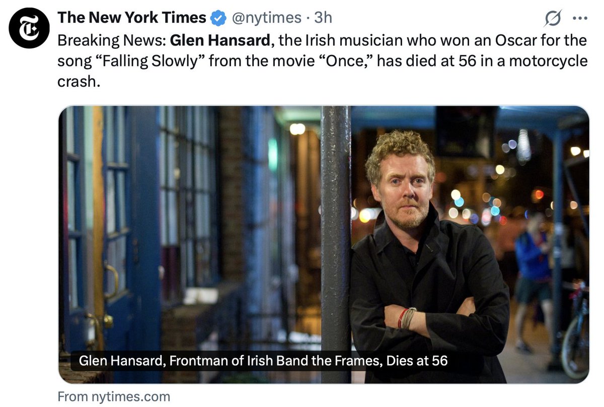 KylyFlyly's tweet photo. Sad; this music-mad gent who seemed to play everywhere + often in Ireland has left us too soon. 
Yet stay-tuned: b/c HE will (deservedly) get a huge, + very special musical send-off. #RIP #GlenHansard.

https://t.co/c52SVmpayG https://t.co/Kej1ASE786