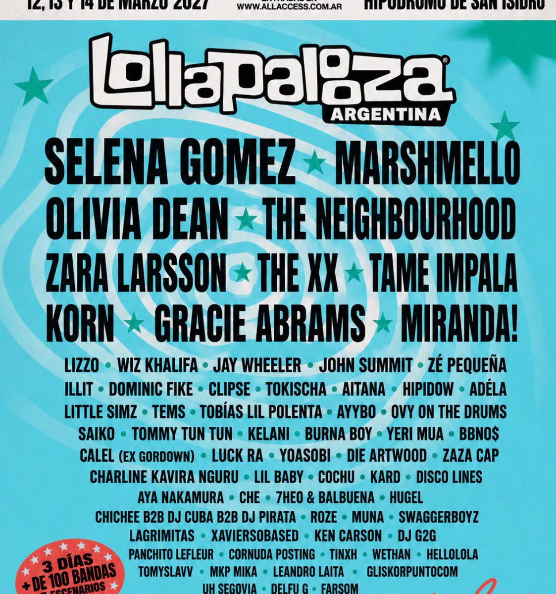 akriimiko's tweet photo. filtraron el lineup del lollapalooza 2027, me lo paso un amigo que tiene un primo que trabaja en la organizacion del evento, fiabilidad hay, opinen porque para mi hay una grandisima mejora respecto al del año pasado https://t.co/C9vv3aF8F6