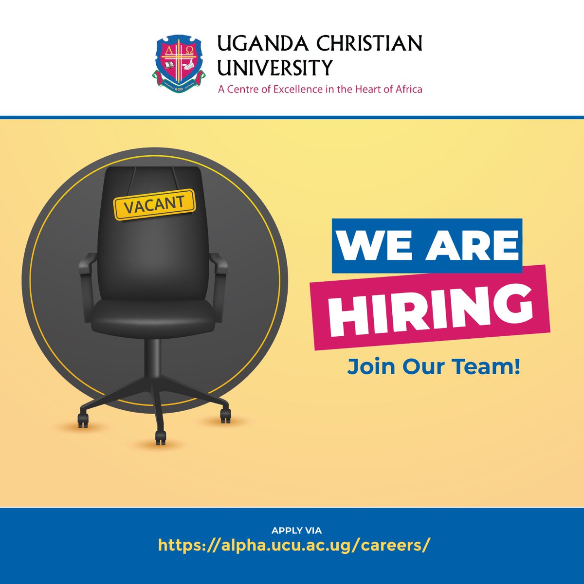 UCUniversity's tweet photo. Career Opportunities: We are  hiring

59 part-time academic positions: Senior Lecturers, Lecturers & Tutorial Assistants across Engineering, Computer Science, Data Science, Law, Business and Visual Arts.

Location: Mukono & Kampala Campuses
Deadline: Tue 4 Aug, 5:00 PM
Details & to Apply: https://t.co/dwnEyJO1cJ