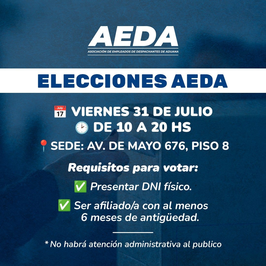 AEDA_ok's tweet photo. 🗳️ ELECCIONES AEDA

Convocamos a todos los trabajadores y trabajadoras a a participar de los comicios para elegir a nuestras nuevas autoridades. 

📅 Fecha: Viernes 31 de Julio
🕒 Horario: De 10:00 a 20:00 hs.
📍 Sede: Av. de Mayo 676, Piso 8 https://t.co/dFa5f89Tdo