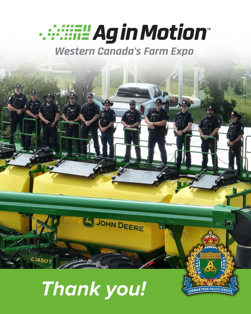 AginMotion's tweet photo. As another successful Ag in Motion comes to a close, we want to extend a sincere thank you to the Corman Park Police Service for their outstanding support throughout the show. @CormanParkPoli2 and thank you for a successful AIM 2026! https://t.co/OlzJaobOfZ