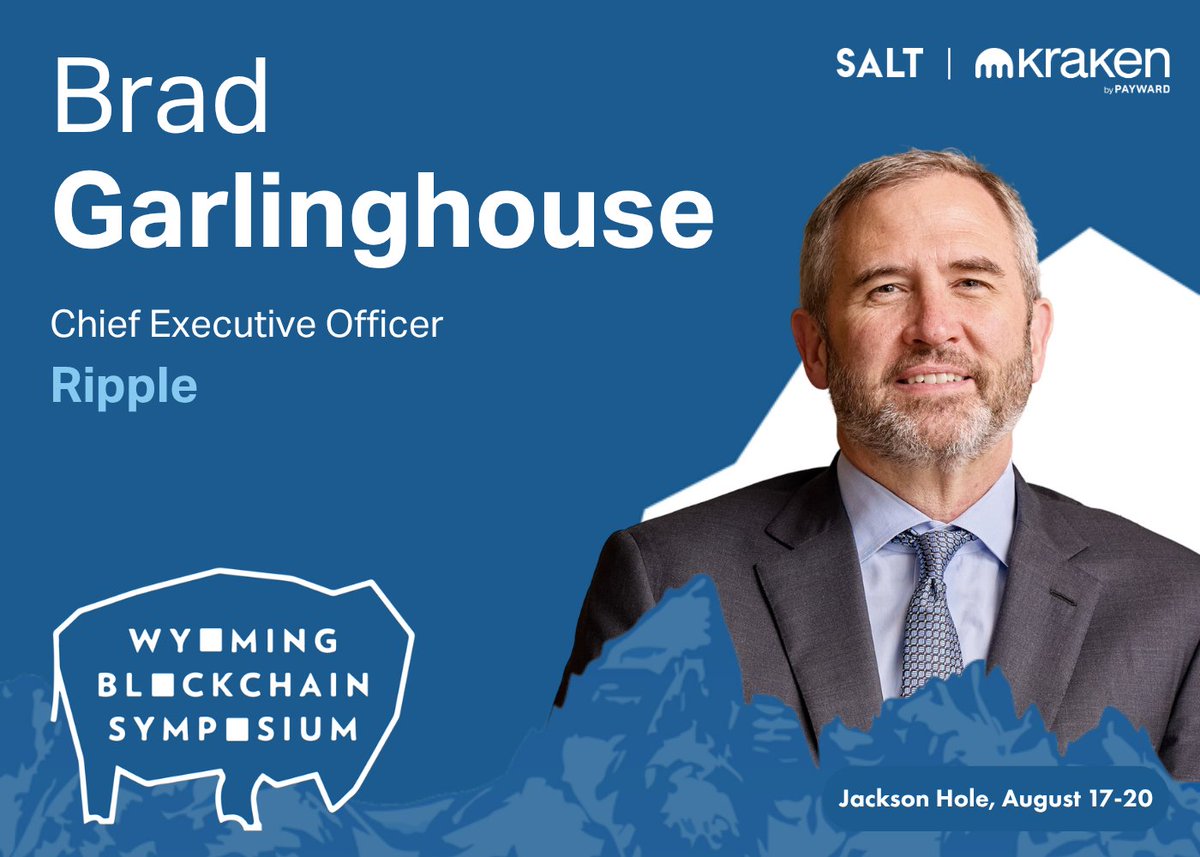 SALTConference's tweet photo. 📢 Speaker Announcement for the 2026 Wyoming Blockchain Symposium, August 17-20: 

@bgarlinghouse, CEO of @Ripple 

Full agenda now available for Year 3 of the Jackson Hole event: https://t.co/Zx8CAZUtyd https://t.co/6xcHKqWUI1
