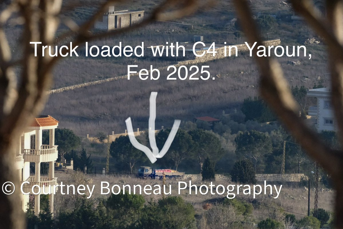 cbonneauimages's tweet photo. Here are photos I took in February of 2025 of Israeli soldiers walking house to house in the town of Yaroun, Lebanon. They were rigging homes with C4 explosives for multiple days in a row; taking the day to rig them and then detonating them in the evening. They flattened several neighborhoods during the period of time. 

In the photos you can see IDF soldiers wiring the homes and carrying C4. You can also see a truck transporting a large amount of the explosives.

This was not self defense. Each detonation is an act of genocide.