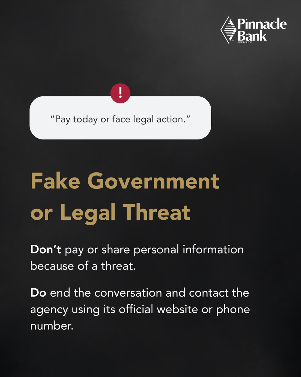 pinnbank's tweet photo. Imposter scams use familiar names and believable situations to make you react fast. 

Click through 3 common setups, what not to do, and what to do instead. Pause before you click, pay, or share information. 

#FraudPrevention #TheWayBankingShouldBe https://t.co/PtyqPTHceY