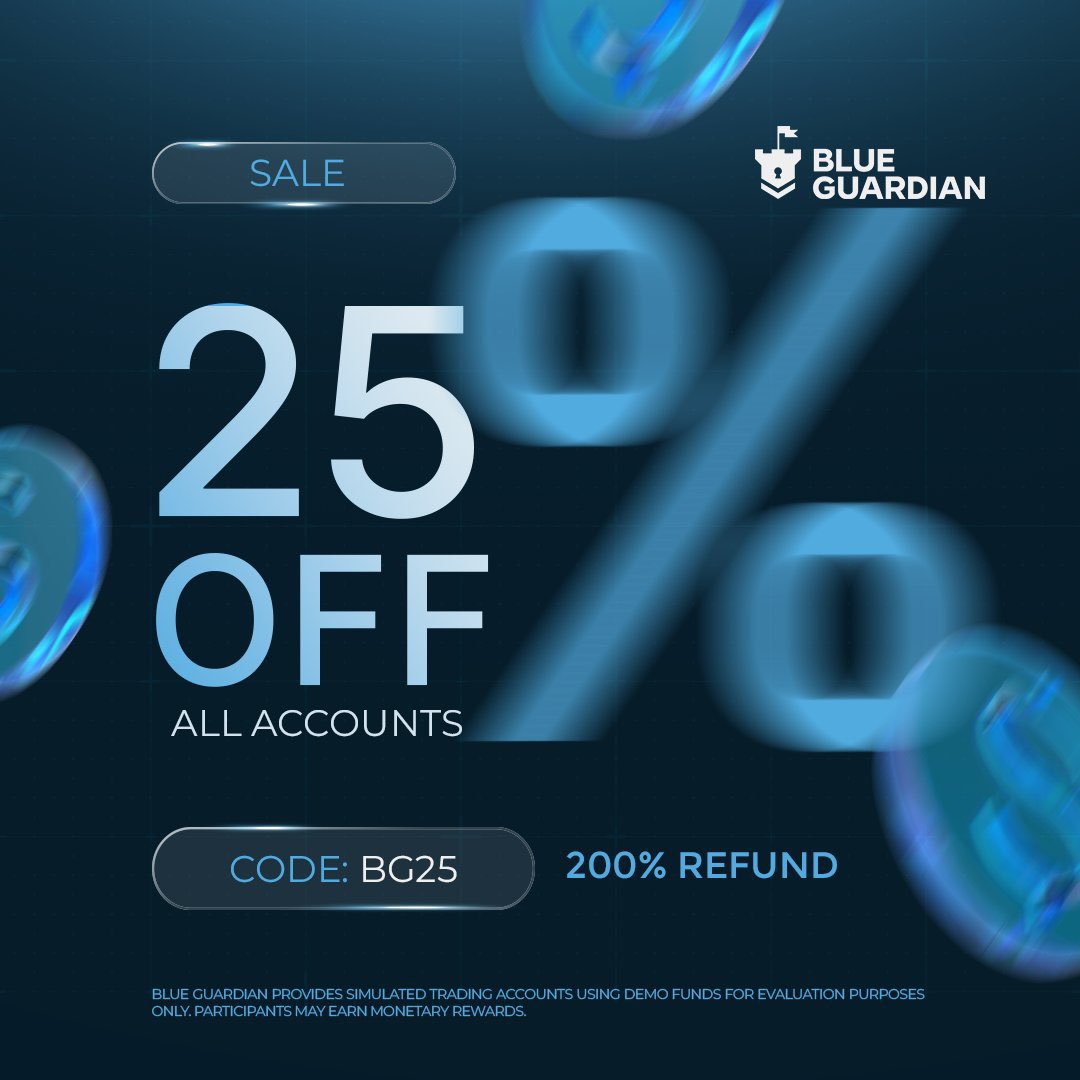 awatrading4's tweet photo. 🚨 @BlueGuardiancom  Sale is LIVE! 🔥

Get 25% OFF on ALL account sizes with code BG25.

💸 Plus, enjoy a 200% refund on eligible accounts.

🎯 Use code: BG25

🔗 Get started: https://t.co/smEET5DX5S

#PropFirm #Forex #FundedTrader #BlueGuardian #Trading https://t.co/crr3COx5oj