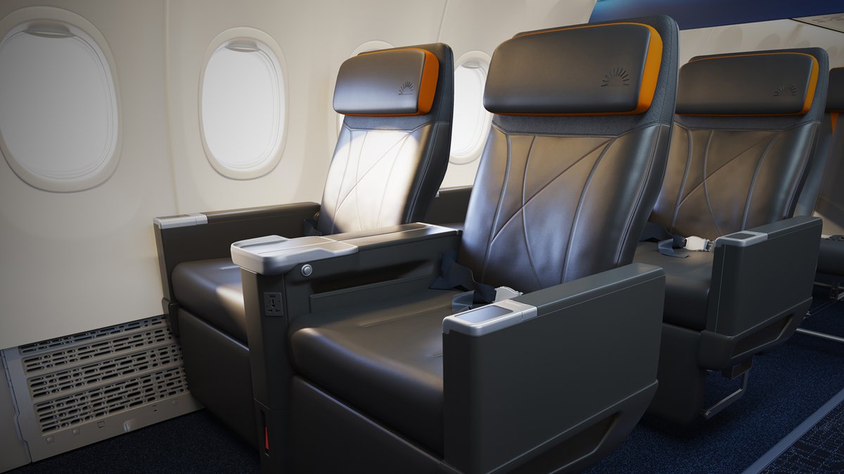 _ZachGriff's tweet photo. Introducing @Allegiant first class. (Not kidding.)

Allegiant First will be two rows of recliners in a 2-2 layout. 37 inches of pitch, calfrests, and USB-A, USB-C, and AC power outlets.

First flights start next spring. Premium is seriously every airline's favorite buzzword. https://t.co/gS1kvinCEK