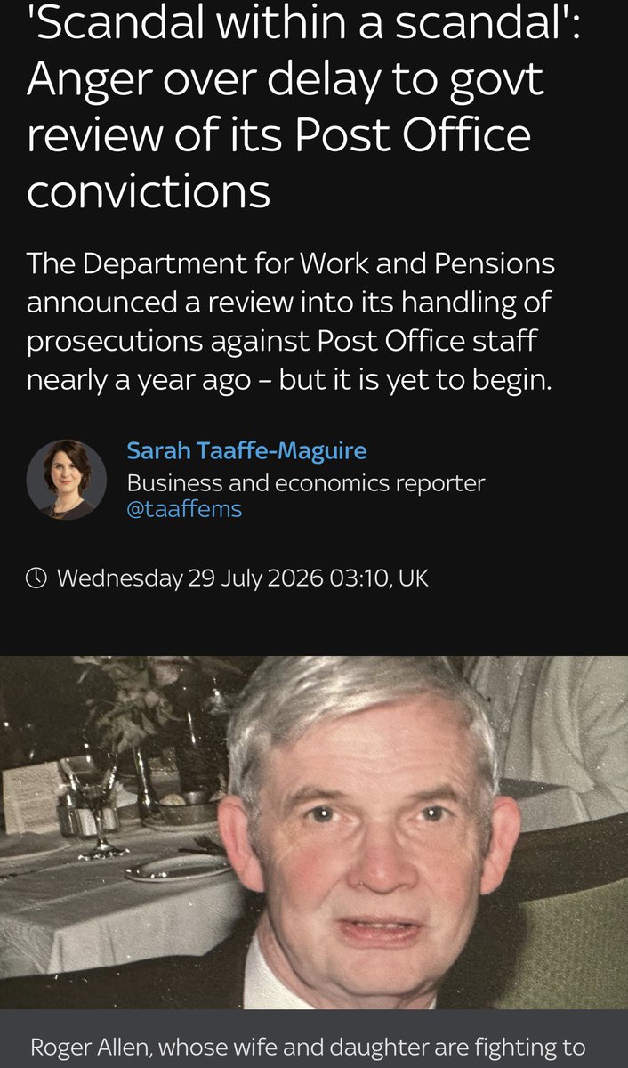 chrish9070's tweet photo. #PostOfficeScandal Latest by @taaffems for @SkyNews

A Scandal within a scandal. How many times have we heard that before with this @PostOffice scandal? The @DWP prosecutions showed the exact same patterns as the Post Office ones, investigators didn’t properly investigate, they had confirmation bias and refused to look at all possibilities including evidence that pointed away from the suspects.  

The continuous delay in appointing a reviewer is unexcusable. It seems a deliberate attempt to delay justice being delivered for a large number of victims.  We have already sadly lost so many along the way and we could lose more whilst these delays continue. Even after a reviewer is announced the review will likely take many months and we must push for the terms of reference to be expanded as right now they are wholly inadequate 

https://t.co/H0Ij8WRHKX