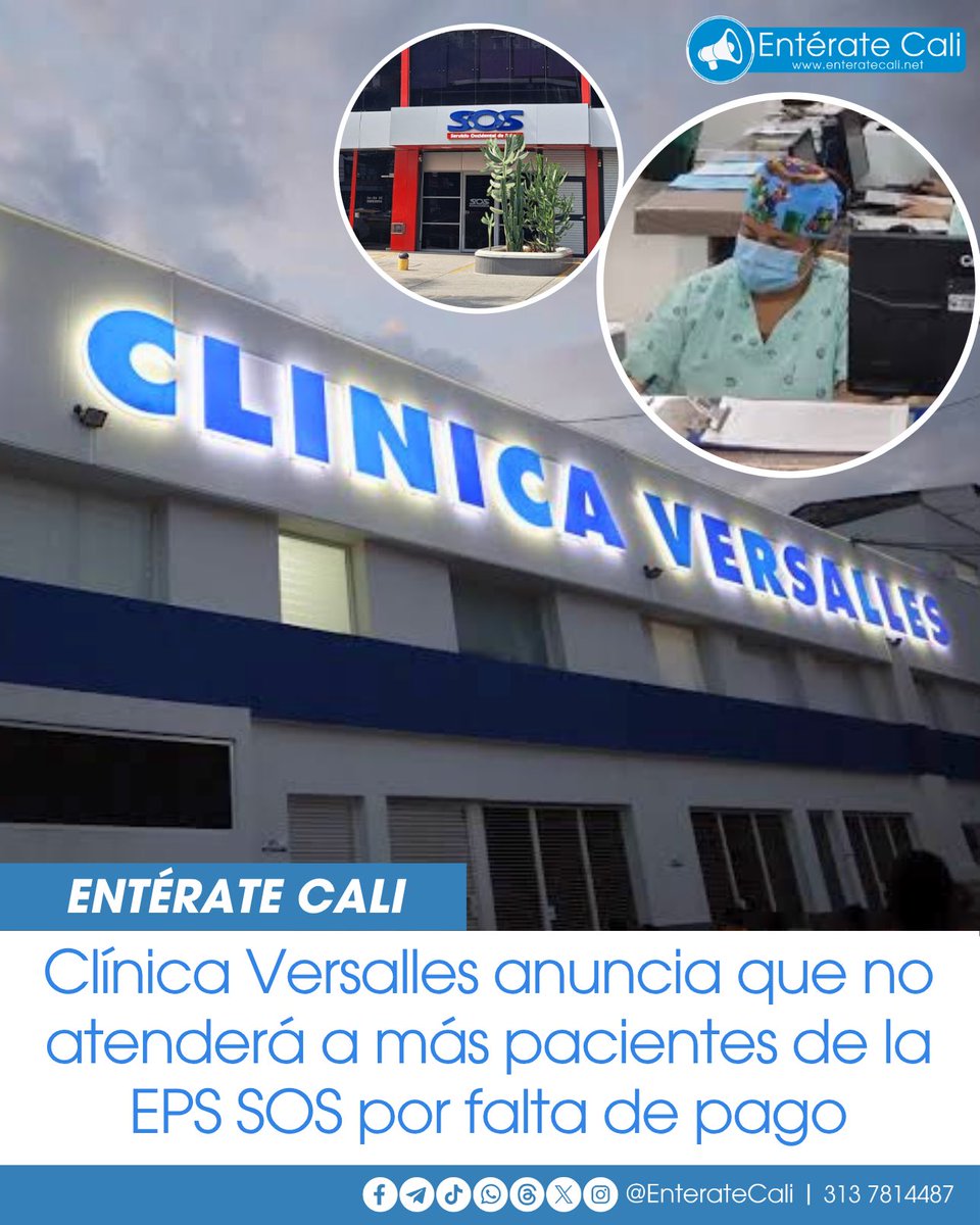 EnterateCali's tweet photo. La Clínica Versalles de Cali anunció la suspensión de la atención a los pacientes de la EPS SOS por la falta de pagos que tiene con la institución. 

Esto fue dado a conocer a través de un comunicado, en el que la clínica mencionó que los pagos de SOS representan casi la mitad de los ingresos mensuales de la institución. 

Además de que, en el pasado, se habían definido acuerdos de pago, pero los reiterados incumplimientos "pone engrave riesgo la sostenibilidad financiera y la continuidad operativa de la institución", dijo Martha Barona, gerente médica de la Clínica Versalles.

Y añadió que el incumplimiento de los pagos se ha dado en el 75% de las facturas de los pasados dos meses ha generado "una situación de iliquidez que hace financieramente inviable mantener la operación en las condiciones actuales". ��🚨🚑