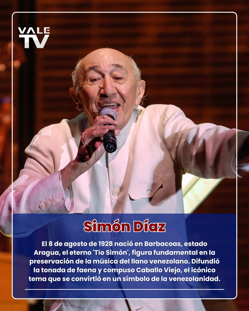 ValeTVCanal5's tweet photo. #UnDíaComoHoy en 1928, nace en Barbacoas #Aragua, el cantautor #SimónDíaz, cariñosamente conocido como “Tío Simón” por su trabajo en el programa infantil “Contesta por Tío Simón”. Contribuyó al rescate de la tonada llanera, e internacionalizó la pieza musical “Caballo viejo”. https://t.co/VhEUBg21MQ