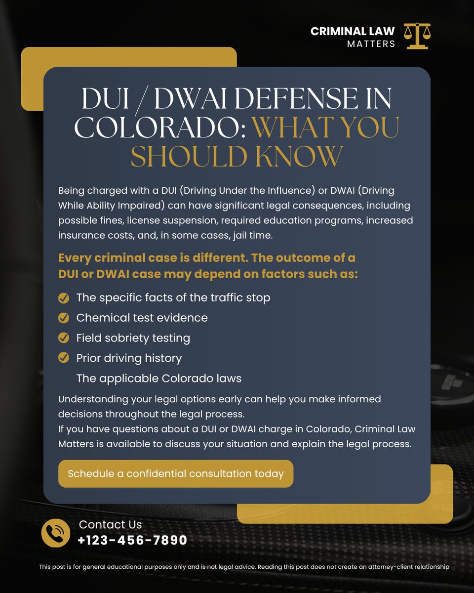 William93057150's tweet photo. A DUI or DWAI charge in Colorado can have lasting legal consequences. Understanding the legal process and your options is an important first step. Criminal Law Matters provides confidential consultations to discuss your case. Learn more today. #ColoradoDUI #DWAI #CriminalDefense https://t.co/6Ud5jRUon8