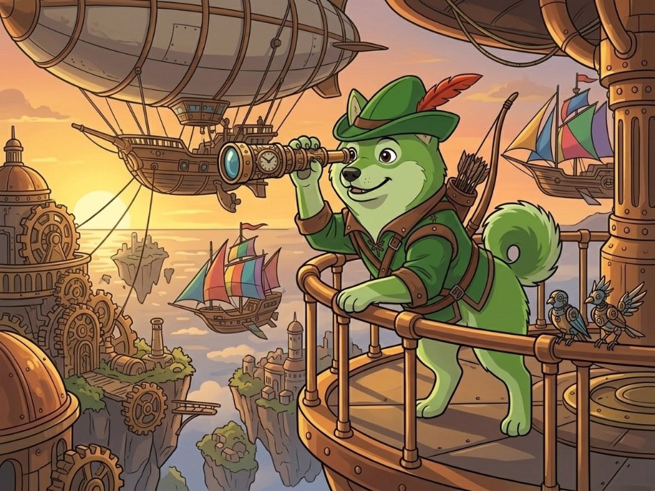 RogeOfficialRH's tweet photo. Stalking the skies and scanning the horizon from a high-tech steampunk observation deck! 

Surrounded by floating airships, colorful sailing vessels, and mechanical birds, $ROGE is looking out over a vast world of gears and clouds. https://t.co/niiCkf5xMD