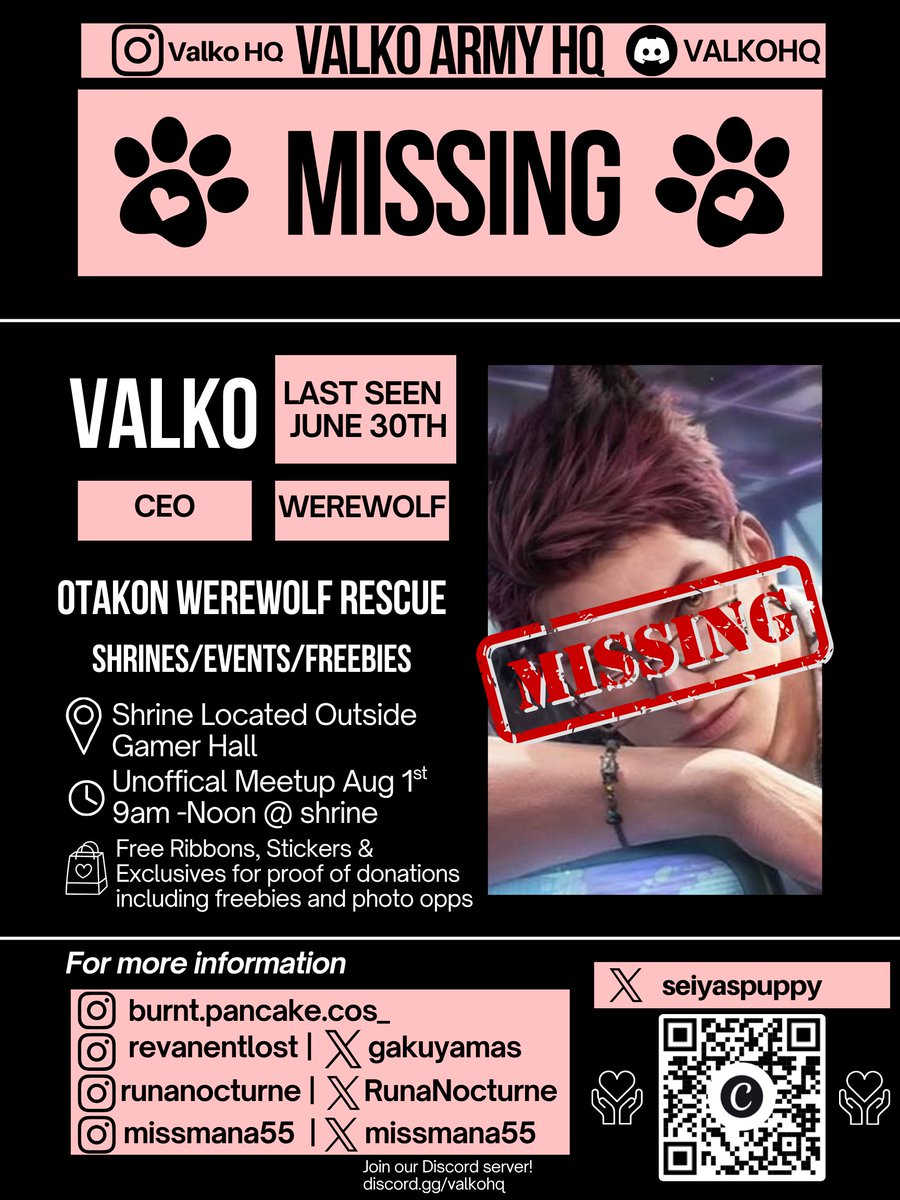 seiyaspuppy's tweet photo. 🚨OTAKON LADS MEETUP🚨

August 1st until noon there will be an unofficial meetup for Valko, with freebies, ribbons, unofficial cosplayers, and MORE! 

Make sure to donate to our charities for an extra surprise! 

#ValkoIsValuable #ValkoIsLoved #bringbackvalko https://t.co/cnHm83KtSI