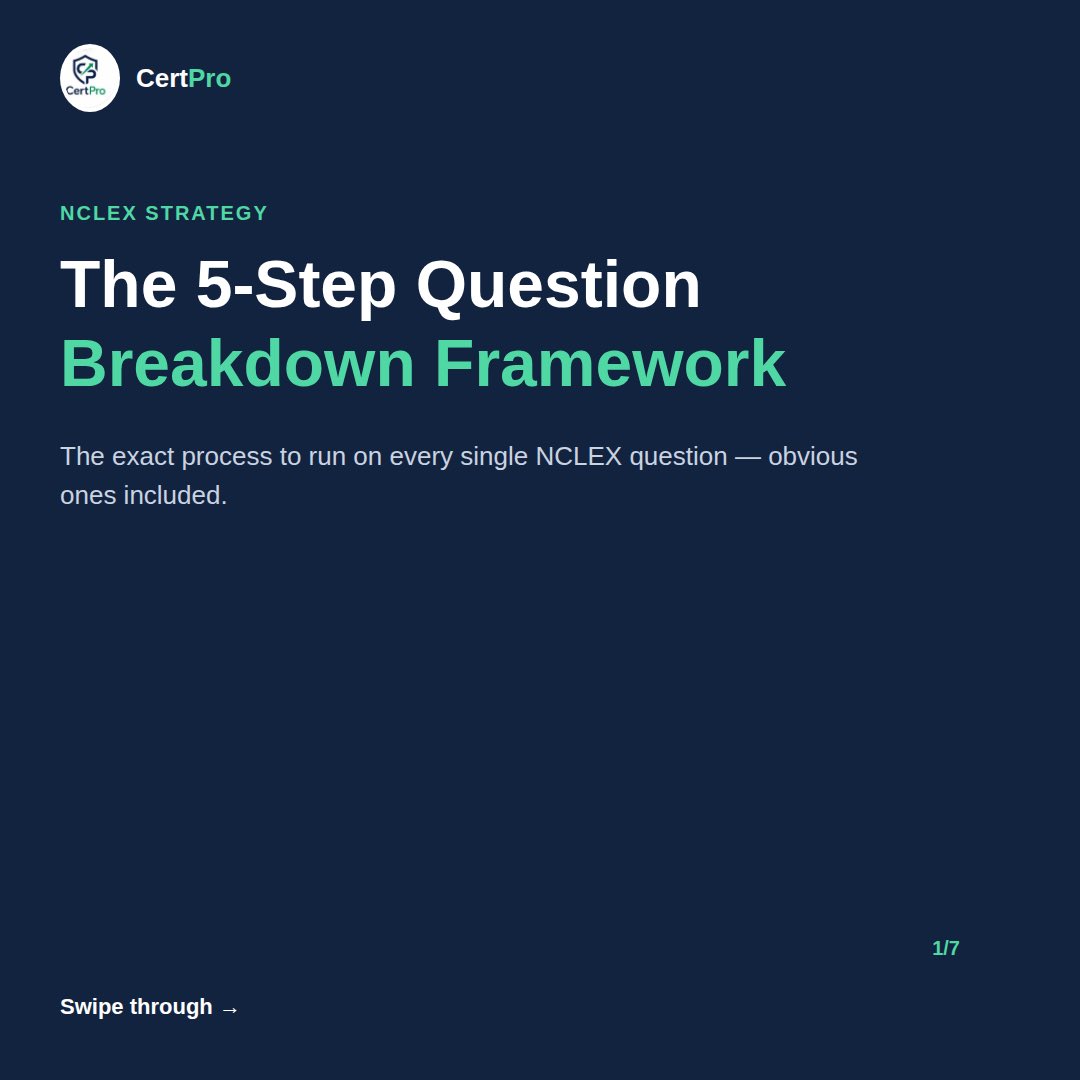 certpro_exampr's tweet photo. This framework will save your exam. 🙏

Run it on EVERY question, even the ones that feel obvious. It's the difference between a careless mistake and a confident pass. ✅

#NCLEX #NCLEXTips #NCLEXStrategy #NursingStudent #ClinicalJudgment https://t.co/5qjetcieEd
