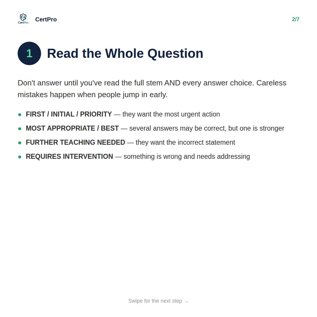 certpro_exampr's tweet photo. This framework will save your exam. 🙏

Run it on EVERY question, even the ones that feel obvious. It's the difference between a careless mistake and a confident pass. ✅

#NCLEX #NCLEXTips #NCLEXStrategy #NursingStudent #ClinicalJudgment https://t.co/5qjetcieEd