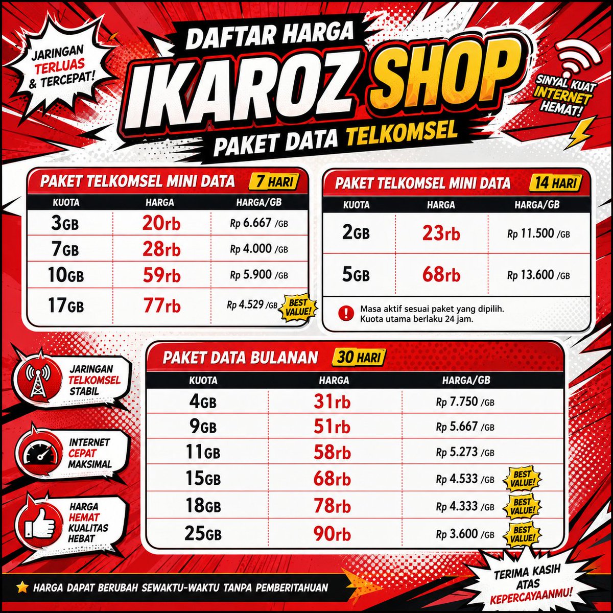 Ikaroz_s's tweet photo. #zonauang mau promo jualan kuota dulu, ya. siapa tau ada yg butuh kuota jam segini. kalau minat, chat aja (link WA di bio).
mau cari kuota yg lebih melimpah, atau harga yg lebih murah juga ada. chat aja. ready semua provider seluler, ya. ini yg aku up cuma sebagian aja. https://t.co/zCWZwhvjuK