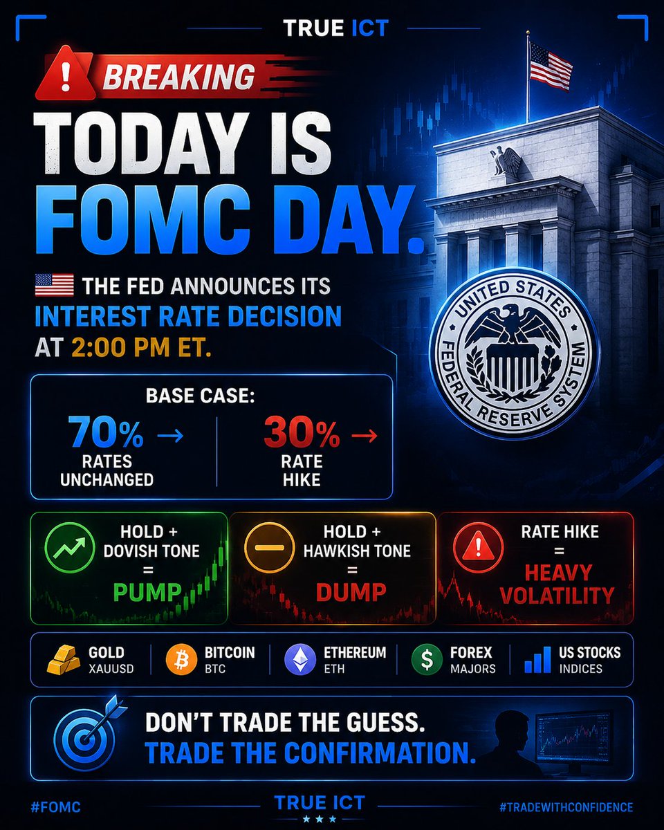 true__ict's tweet photo. 🚨 #FOMC
⏰ 2:00 PM ET → 🇺🇸 Fed Interest Rate Decision
📄 2:00 PM ET → FOMC Statement Released
🎙️ 2:30 PM ET → Fed Chair Press Conference
💻 After Market Close → Microsoft &amp; Meta Earnings

#FOMC #FederalReserve #Fed #InterestRates #Ethereum #ETH #Forex #Gold https://t.co/CkA9nA1kxp