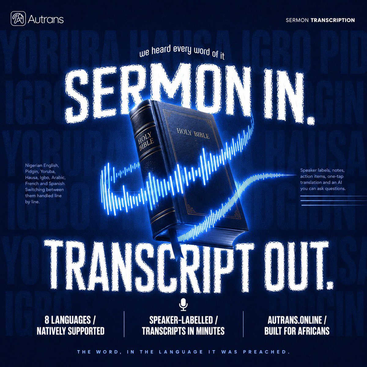 AutransAi's tweet photo. Finally, your pastor’s “thus saith the Lord” won’t get lost in translation. 😂

Autrans hears “every single word” of that fiery sermon. All of it.
Drops a clean, speaker-labelled transcript in minutes

The Word, in the language it was preached. Amen… and transcribed. 🙌 https://t.co/1k13i41JoN
