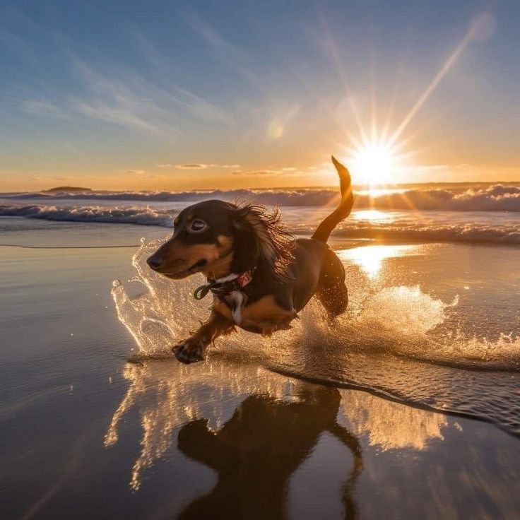 Dachsundlovers's tweet photo. A little Dachshund runs happily through the ocean waves as the golden sun sets behind. 🌊🐶✨ Every splash carries a moment of pure joy and freedom! 💛
#Dachshund #DogLovers #BeachDog #Sunset https://t.co/d4MC8oNZ4Q