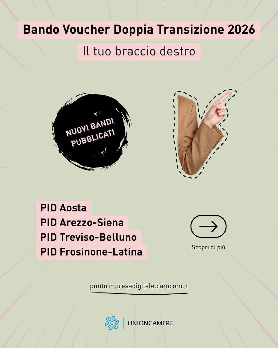 PID_CamCom's tweet photo. 📢 Nuovi #VoucherDoppiaTransizione2026 disponibili!

Sono online i bandi dei PID di Arezzo-Siena, Aosta, Treviso-Belluno e Frosinone-Latina. 

Consulta sul portale #PID requisiti, importi, scadenze e modalità di partecipazione ➡️ https://t.co/sHs5R7gSnm

#MPMI #Innovazione https://t.co/MzTne1181J