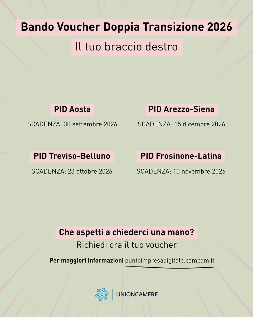 PID_CamCom's tweet photo. 📢 Nuovi #VoucherDoppiaTransizione2026 disponibili!

Sono online i bandi dei PID di Arezzo-Siena, Aosta, Treviso-Belluno e Frosinone-Latina. 

Consulta sul portale #PID requisiti, importi, scadenze e modalità di partecipazione ➡️ https://t.co/sHs5R7gSnm

#MPMI #Innovazione https://t.co/MzTne1181J