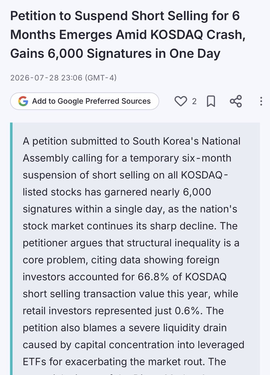 kshaughnessy2's tweet photo. “Petition to Suspend Short Selling for 6 Months Emerges Amid KOSDAQ Crash, Gains 6,000 Signatures in One Day”

“The petitioner argues that structural inequality is a core problem, citing data showing foreign investors accounted for 66.8% of KOSDAQ short selling transaction value this year, while retail investors represented just 0.6%. 

The petition also blames a severe liquidity drain caused by capital concentration into leveraged ETFs for exacerbating the market rout. 

The potential misuse of the Direct Market Access (DMA) system for naked short selling was also flagged as a concern…” 
 ‘@Hamnakedshorts @FlyEaglesFly529