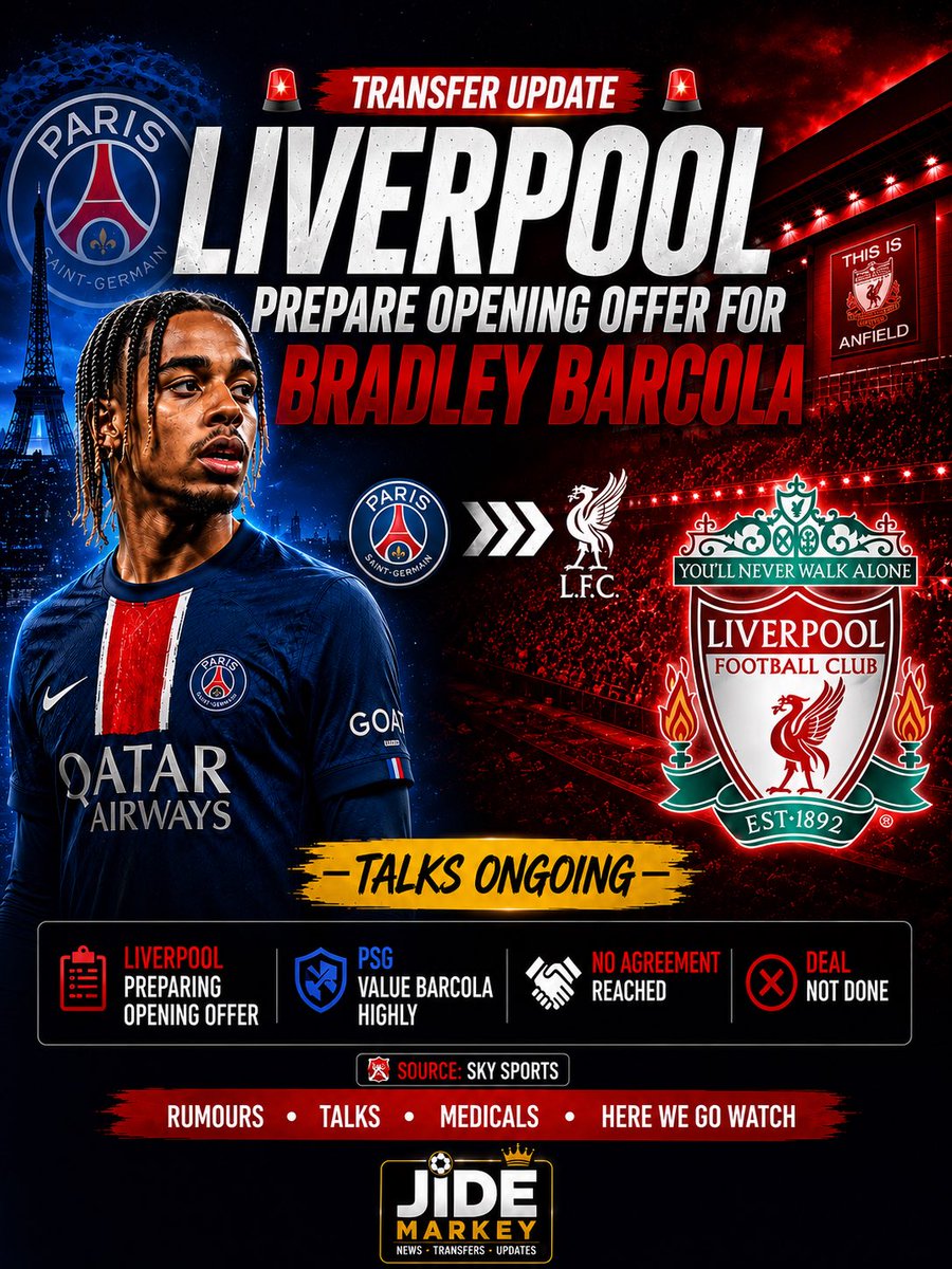 IsdorMark's tweet photo. 🚨 Liverpool are reportedly preparing an opening offer for Bradley Barcola, but PSG’s huge valuation remains the main obstacle. No agreement yet—should the Reds go all in?

#LiverpoolFC #BradleyBarcola #LFCTransferNews #FootballTransfers https://t.co/uLeRl5epM4