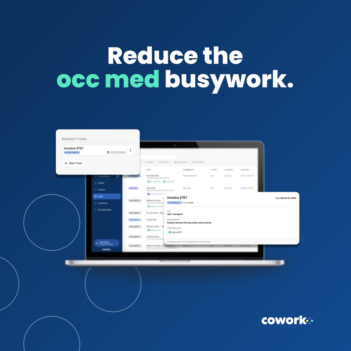 CoworkHealth's tweet photo. Occupational medicine isn't slowed down by patient care. It's slowed down by everything around it.

When employers have one place to access documents, auths, invoices, and messages, your staff spends less time on administrative work and more time building client relationships. https://t.co/kkAxfO3dJm