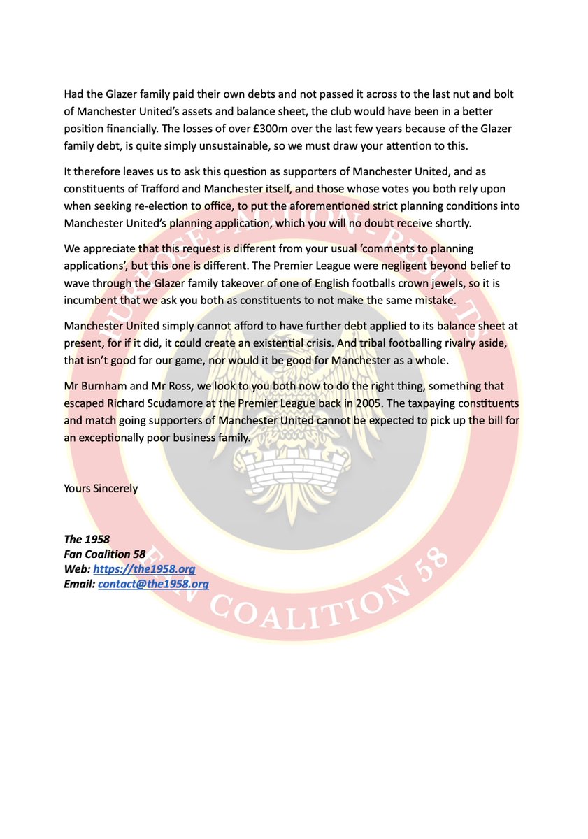 The__1958's tweet photo. We tried contacting you @andyburnham during the Stadium Task Force process, as well as Trafford Council. We never received the courtesy of a reply. We also know people have spoken to you directly about The 1958. This was the letter we published at the time, reflecting the position as the Task Force was formed.

Will you engage with us in your new role, and with other independent fan groups we work alongside across the country, about protecting the future of our game, the loyalty of generational supporters and the communities our clubs represent?

Actions speak louder than words, football fans across the country are tired of platitudes.

Supporters should be rewarded for their loyalty, NOT exploited.

The 1958🇾🇪