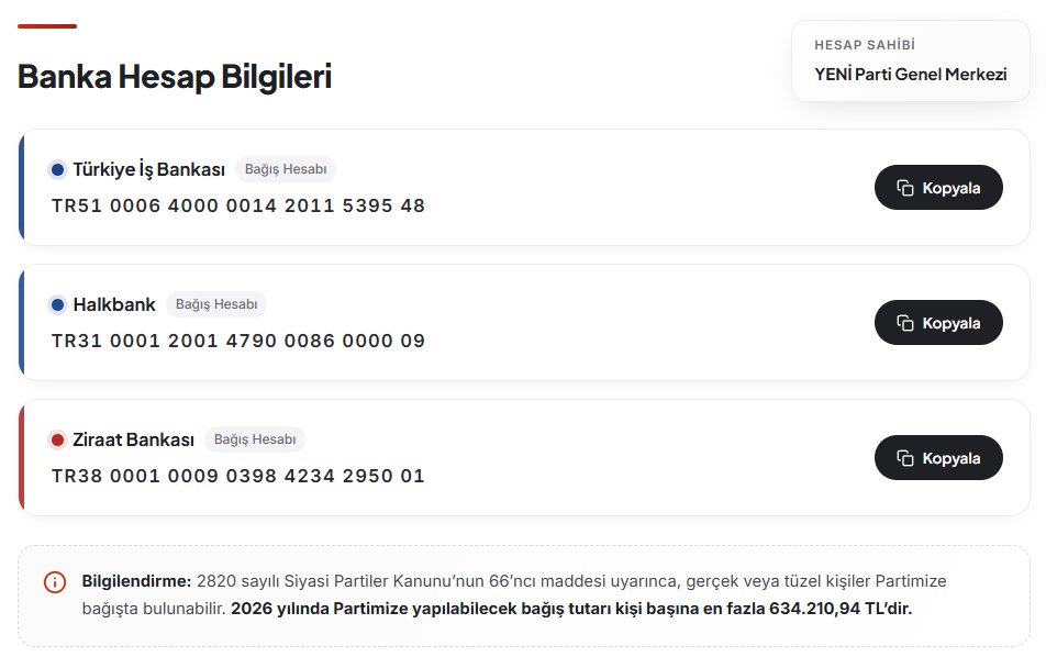 degisimyeni's tweet photo. YENİ Parti'nin bağış toplamak için açtığı site, yoğun katılım nedeniyle çöktü.

Doğru hesap bilgileri aşağıdadır. Dolandırıcıların kullandığı hesaplara kesinlikle para göndermeyin. Hesap sahibi kısmında "Yeni Parti Genel Merkezi" yazmalıdır.