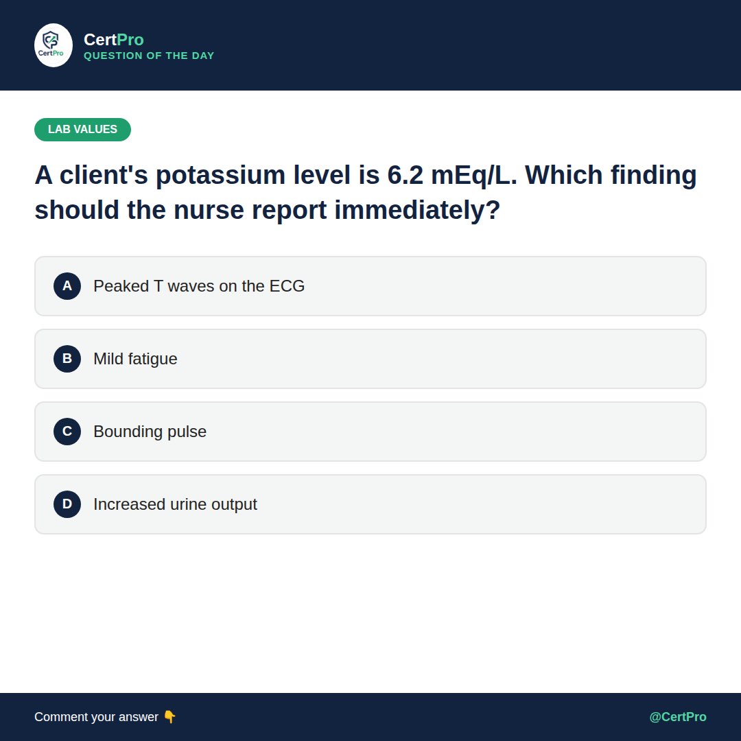certpro_exampr's tweet photo. Quiz Card Lab Values

Question of the Day 🧠

What's the answer? 👇

#NCLEX #NCLEXQuestion #NursingStudent #LabValues https://t.co/Bjgk9byAbj