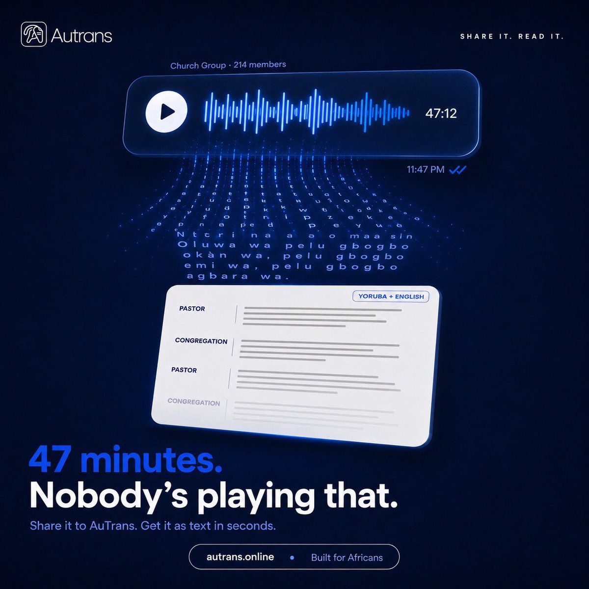 AutransAi's tweet photo. 😂 47 minutes of sermon voice note drops in the church group…
We came for “Amen” not audiobook season 3!

Drop that marathon straight into AuTrans and get the full Yoruba + English text in seconds.
Pastor preaching, congregation responding (and no ear bleeding required.) https://t.co/Lv4XXZkGTt