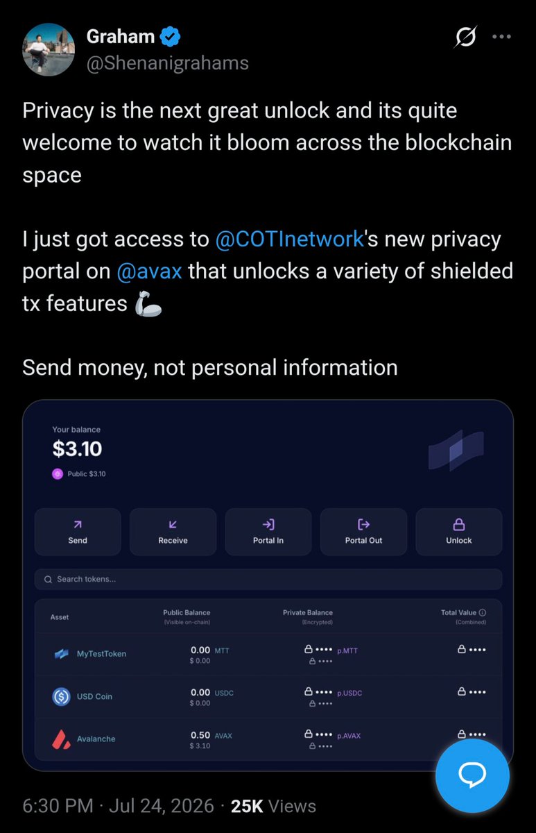 SMercker's tweet photo. @DamiDefi @avax @COTInetwork is bringing privacy to AVAX.

https://t.co/hlzzeiASUw https://t.co/XVHOPwc4XA