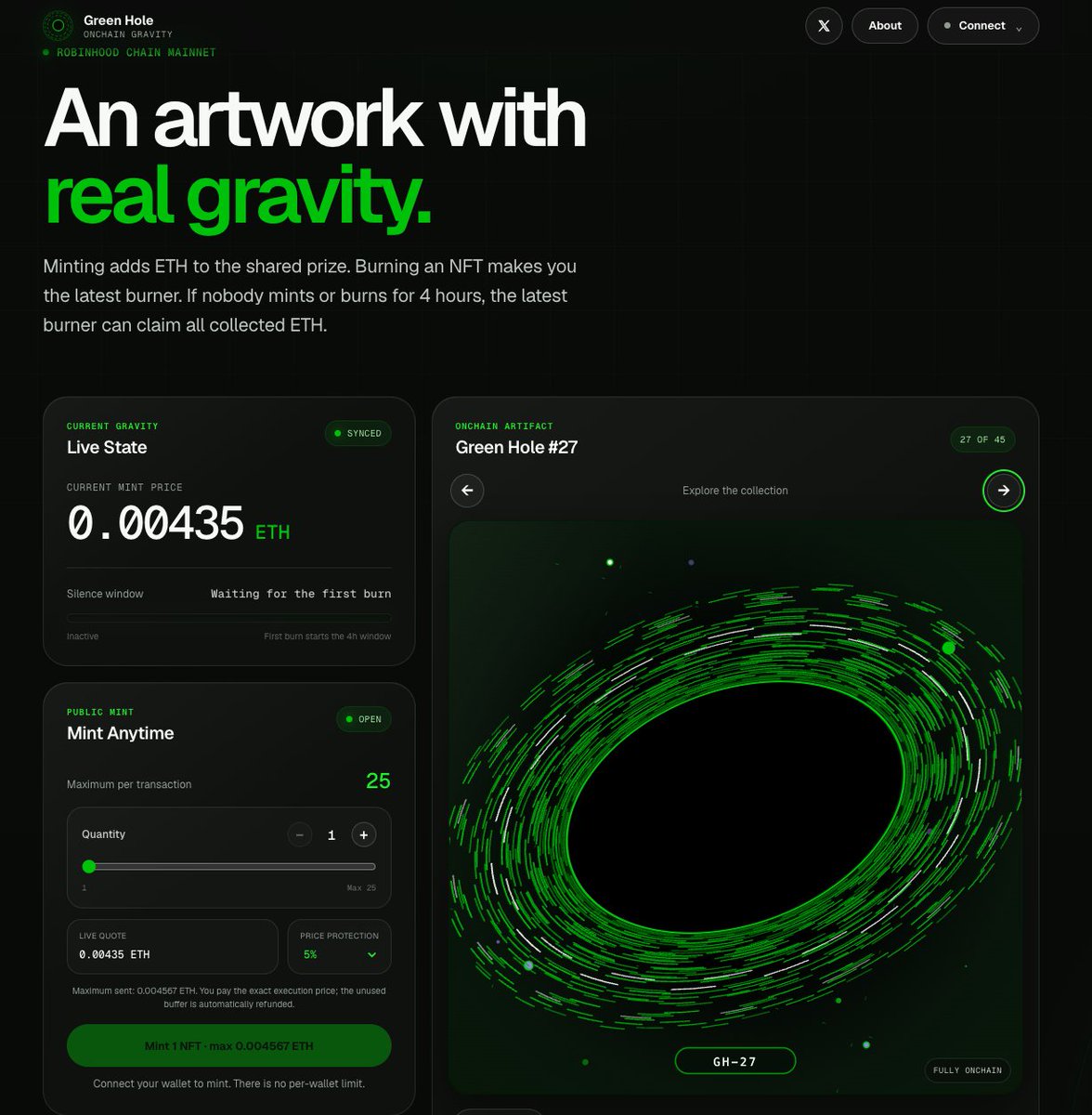 spacexbt's tweet photo. Built my first onchain project: Green Hole

Mint onchain-art to grow the Mass (ETH Pool)

If nobody mints or burns for 4 hours, the latest burner can claim the whole ETH Pool

approx. numbers for pool rewards (before burns/claims)

100 mints = ~0.43 ETH
500 mints = ~6.92 ETH
1,000 mints = ~25.72 ETH

The final number depends on how many NFTs are burned and when.

greenhole dot art