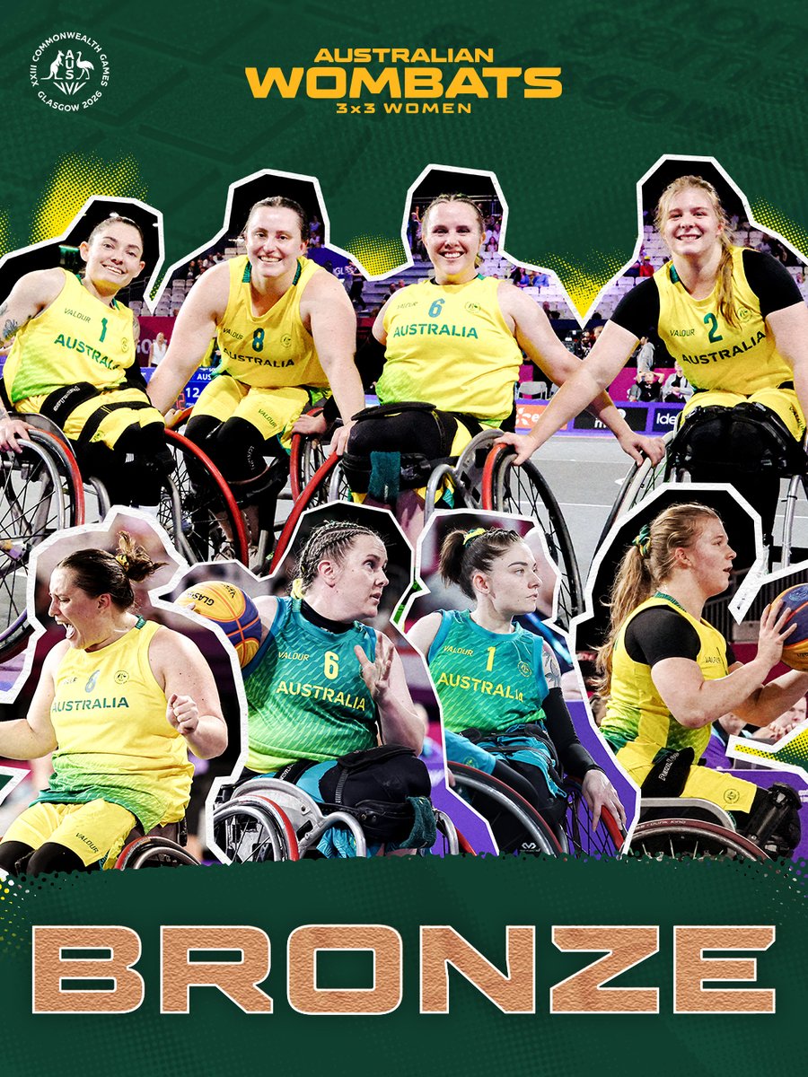 BasketballAus's tweet photo. YOUR 2026 3X3 WHEELCHAIR WOMEN'S BRONZE MEDALLISTS 🥉🇦🇺

They dug deep, never stopped fighting, and are heading home with bronze. Making us all proud 🥹

#GoWombats | #Glasgow2026 https://t.co/Ii1nPYFMDb