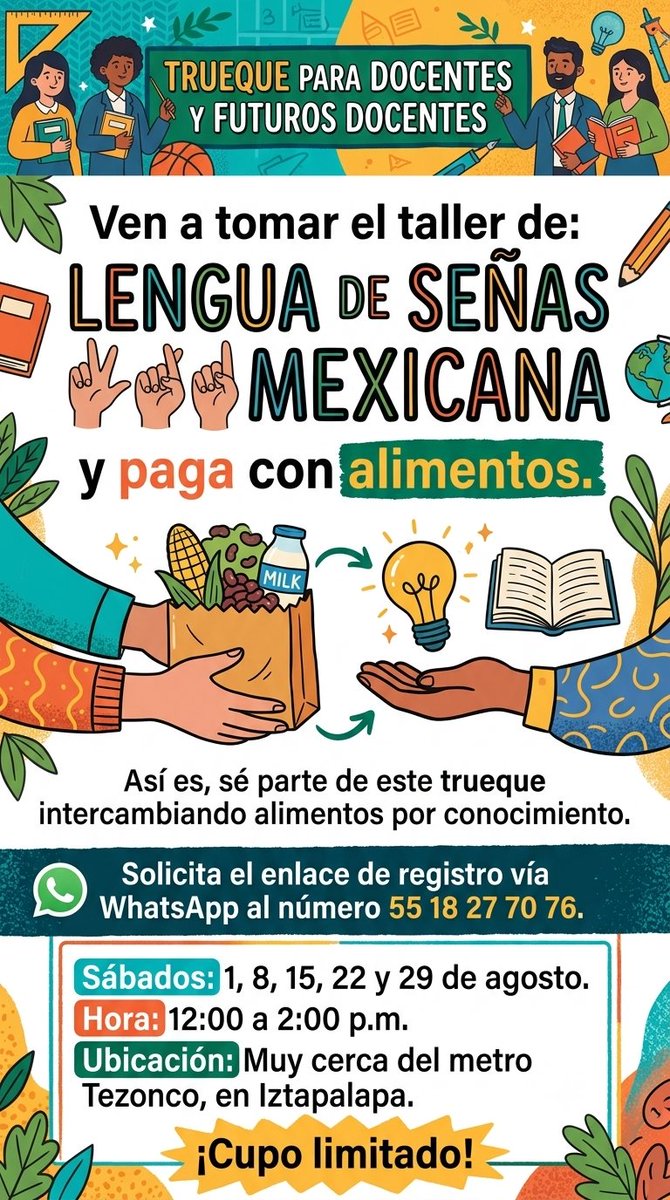 Edu_Esp_PC's tweet photo. Taller de LSM con trueque, para docentes en formación y docentes que ya ejercen pero que aún no saben LSM. 

https://t.co/zq5SB8BX6f https://t.co/MnRQ8Q0XQH