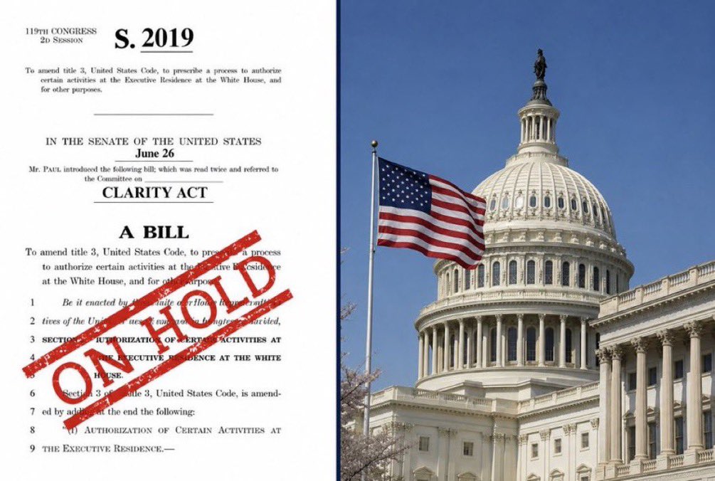 Alex_West2's tweet photo. BREAKING: 🇺🇸 U.S. Senate puts CLARITY Act on hold to prioritize Russia sanctions bill.

The vote is now unlikely before next week, leaving only the FINAL days before the Senate’s August 8 recess.

STOP THESE DELAYS! https://t.co/WCC02hVirM
