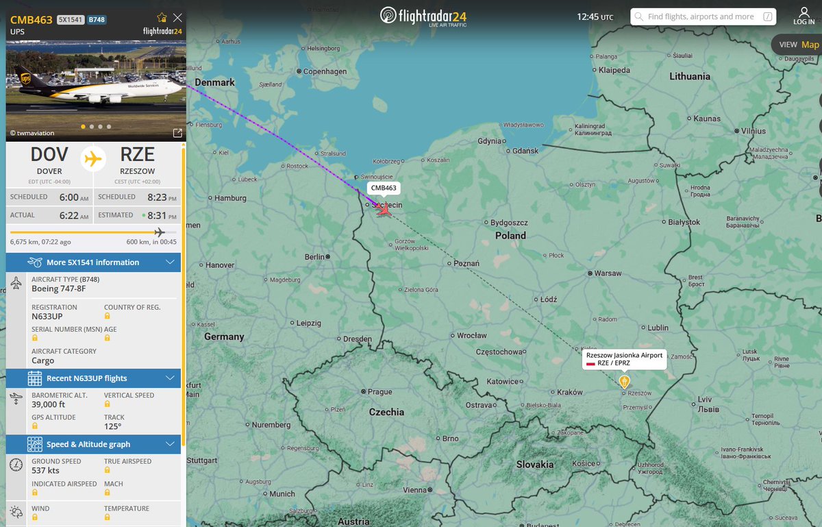 PolishMilRadar's tweet photo. 📅 29.07 🕑 19:45LT - 🇺🇸✈️ 747 w drodze do Rzeszowa 🇵🇱
Z Bazy Lotniczej Dover #KDOV 🇺🇸 do Rzeszowa-Jasionki #EPRZ 🇵🇱 leci ✈️ #CMB463 Boeing 747-8F "N633UP" linii lotniczej United Parcel Service (UPS) 🇺🇸. Lot wykonywany jest na zlecenie Dowództwa Transportu USA #USTRANSCOM 🇺🇸
🔗 https://t.co/K3Qhj48Dgm
#POLMILRADAR