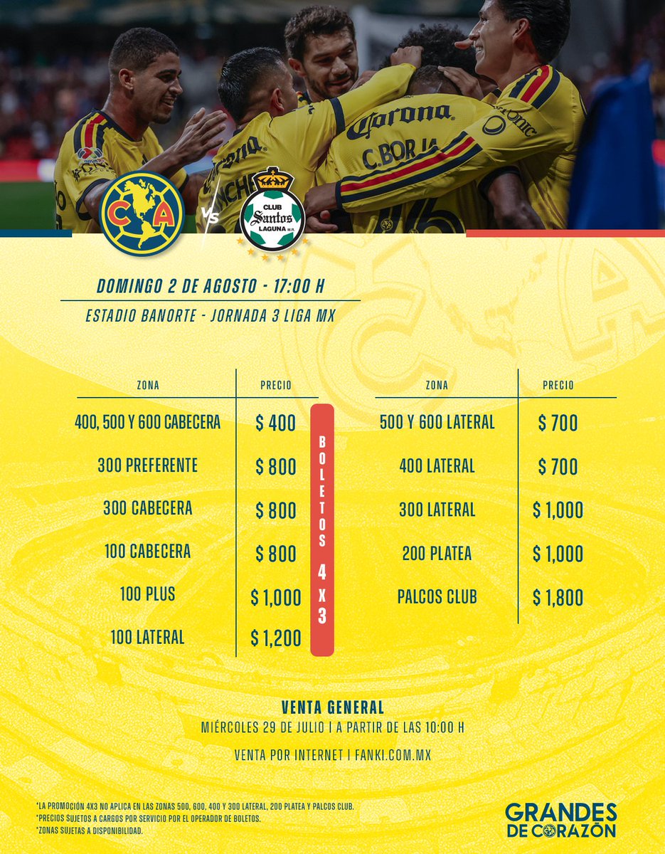 ClubAmerica's tweet photo. ¡La Venta General para la fecha 3 ya está disponible! 🦅

J3 ⚔️ América vs. Santos Laguna
🛜 Venta en línea: https://t.co/NqFhdSYQLa
💳 Abono AmePass 2026/27: https://t.co/xsylooo9AC
🚨 ¡PROMO! Boletos 4x3 en zonas específicas.

Ven al Estadio Banorte y pintémoslo de amarillo. 💛 https://t.co/0pMfv27Cwz