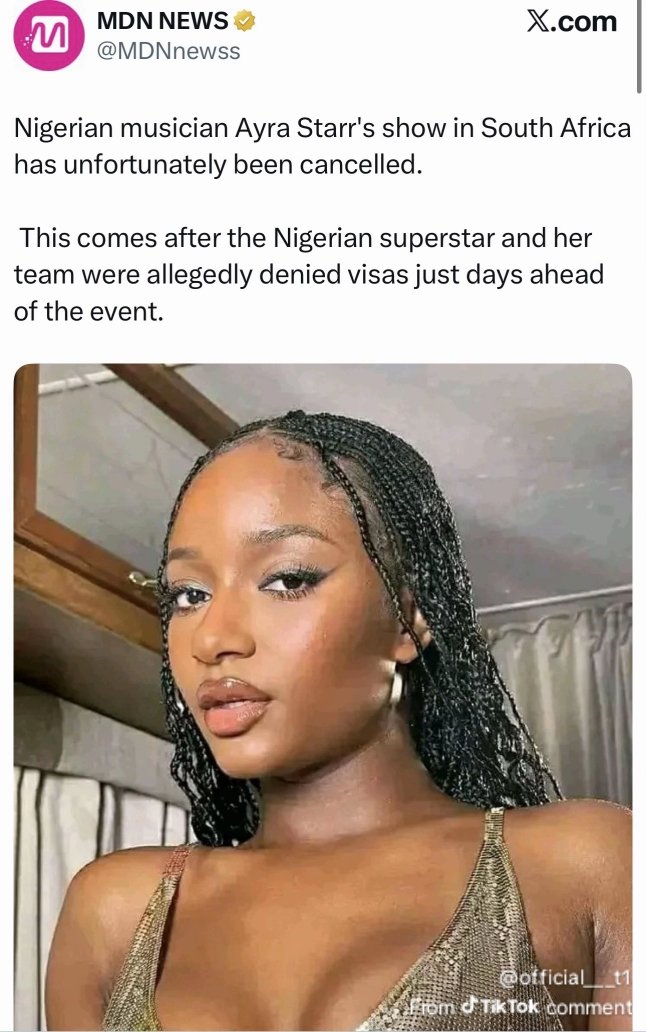 web3rahila's tweet photo. @bigswankky Then why was ayra Starr's show cancelled 
Have she ever supported any of this that is going on between Nigeria and SA?

We don't want tyla and that's final https://t.co/bobcJTjEIb