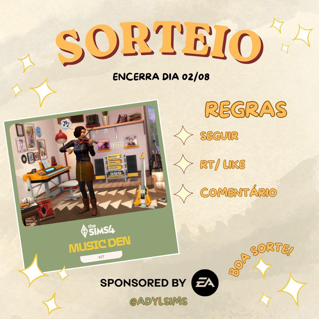 AdylSims's tweet photo. SORTEIO! #EAPartner
Em parceria com a EA, vou presentear 1 pessoa com o novo kit The Sims 4: Music Den!  🎶💚

Para participar:
🎵 Me seguir
❤️ Curtir / RT
💬 Comentário

⏰ As participações serão aceitas até as 20h do dia 02/08. 

🍀 Boa sorte a todos!

#TheSims4 #MusicDenKit https://t.co/g7STXfwQuZ