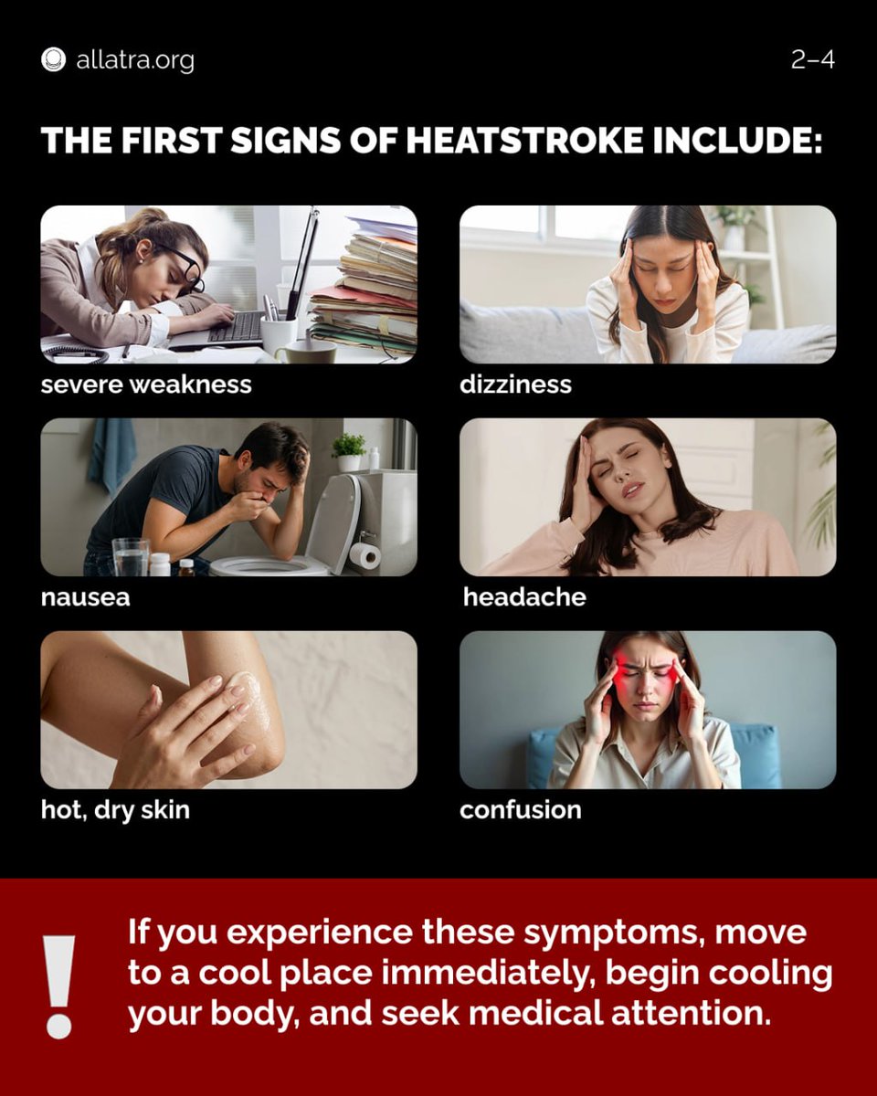 allatra_org's tweet photo. How Can You Protect Yourself in Hot Weather?

The first signs of heatstroke include:
⚠️severe weakness;
⚠️dizziness;
⚠️nausea;
⚠️headache;
⚠️hot, dry skin;
⚠️confusion.

If you experience these symptoms, move to a cool place immediately, begin cooling your body, and seek medical attention.

How Can You Prevent Heatstroke?

When the air temperature rises above 30°C (86°F), follow these recommendations to reduce the risk of overheating:

💧Drink water regularly without waiting until you feel thirsty.
👕Wear light-colored, loose-fitting clothing and a hat.
🌳Avoid direct sunlight between 11:00 a.m. and 4:00 p.m.
👟Limit strenuous physical activity during the hottest part of the day.
🍏Choose light meals and eat plenty of fruits and vegetables.
❄️Whenever possible, stay in cool or air-conditioned places.

Take care of yourself-prevention is always better than treatment.

#HeatSafety #Heatstroke #Allatra #Hydration #HotWeather