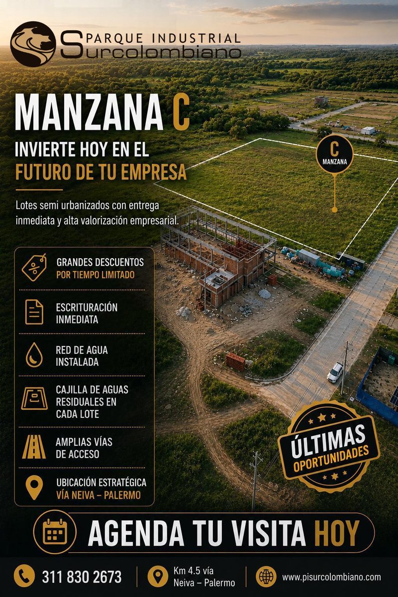 PiSurcolombiano's tweet photo. 🚧 Invierte en la Manzana C del Parque Industrial Surcolombiano.

✅ Lotes semiurbanizados
✅ Entrega y escrituración inmediata

📍 Km 4.5 vía Neiva–Palermo
📞 311 830 2673

🌐 https://t.co/cSmT6s5uig
#ParqueIndustrialSurcolombiano #InversiónEmpresarial https://t.co/qjI5WSwwWR