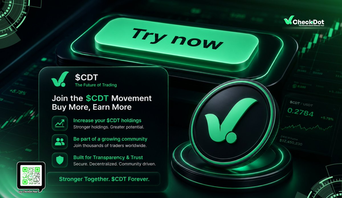Checkdot_proto's tweet photo. 🚀 What if one token could become the foundation of an entire decentralized ecosystem?

Most people chase hype. Smart investors look for utility, transparency, and long-term value.

$CDT isn't just another token. It's built for those who believe the next crypto leaders will be powered by real products, real adoption, and a strong community.

The best opportunities are often recognized before the crowd arrives.

💚 Don't just watch the future—be part of it.

Try Now. Join the $CDT Movement.

#CheckDot | #Crypto | #DeFi | #Web3 | #Blockchain | #Altcoins