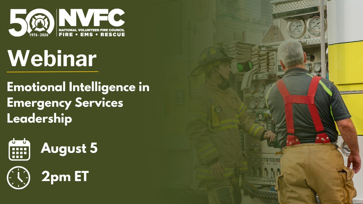NVFC's tweet photo. Join us on August 5 at 2pm ET for the NVFC webinar Emotional Intelligence in Emergency Services Leadership with presenter Doug Cline. Discover practical strategies you can apply to better lead your team—on scene and every day.

Register today: https://t.co/INv4hlSb42 https://t.co/fKnoJIjjpd