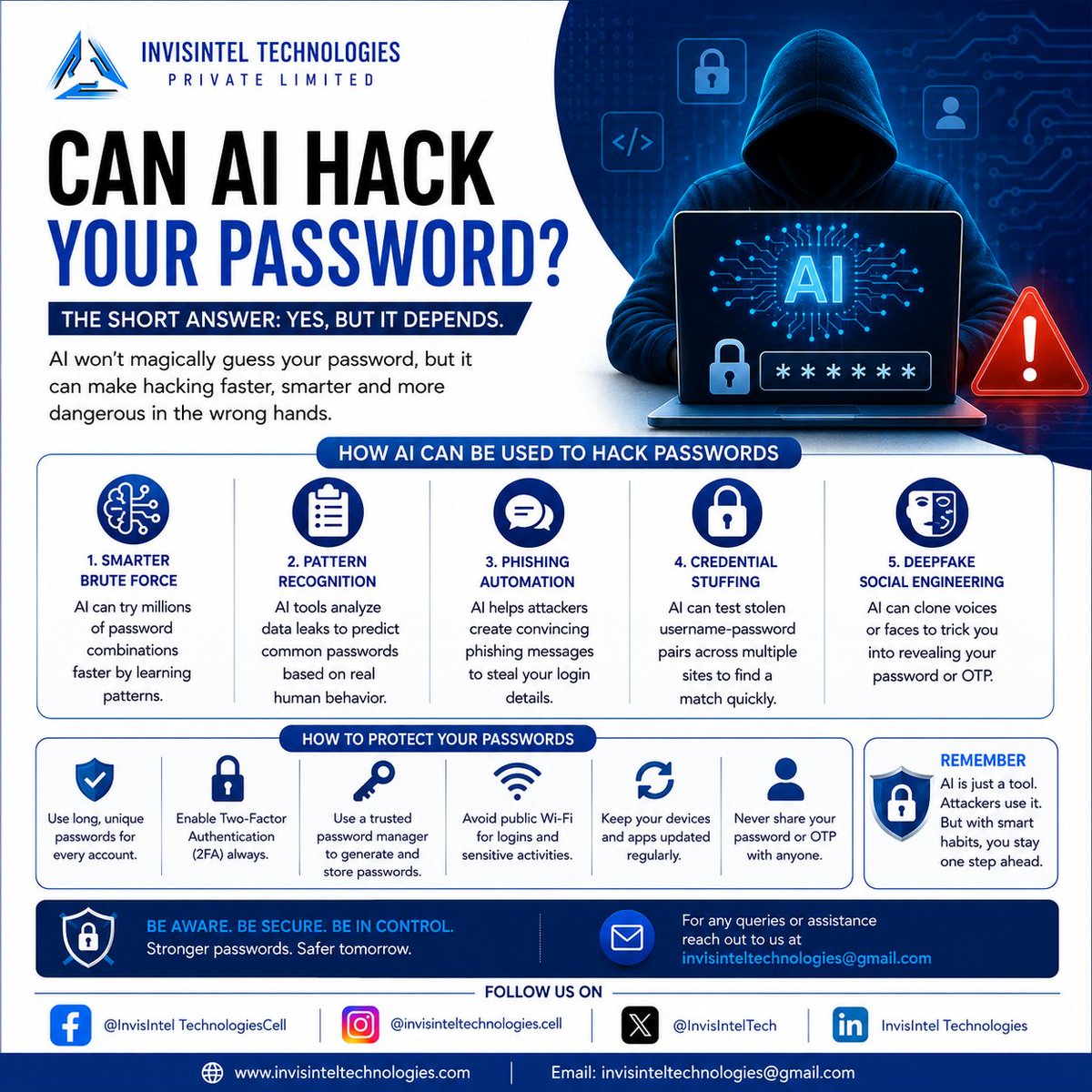InvisIntelTech's tweet photo. Can AI hack your password? AI doesn’t magically crack passwords, but it helps attackers automate phishing, analyze patterns, and exploit weak credentials. Strong passwords, MFA, and awareness remain your best defense. #CyberSecurity #AI #PasswordSecurity https://t.co/zaFvxCbxy7