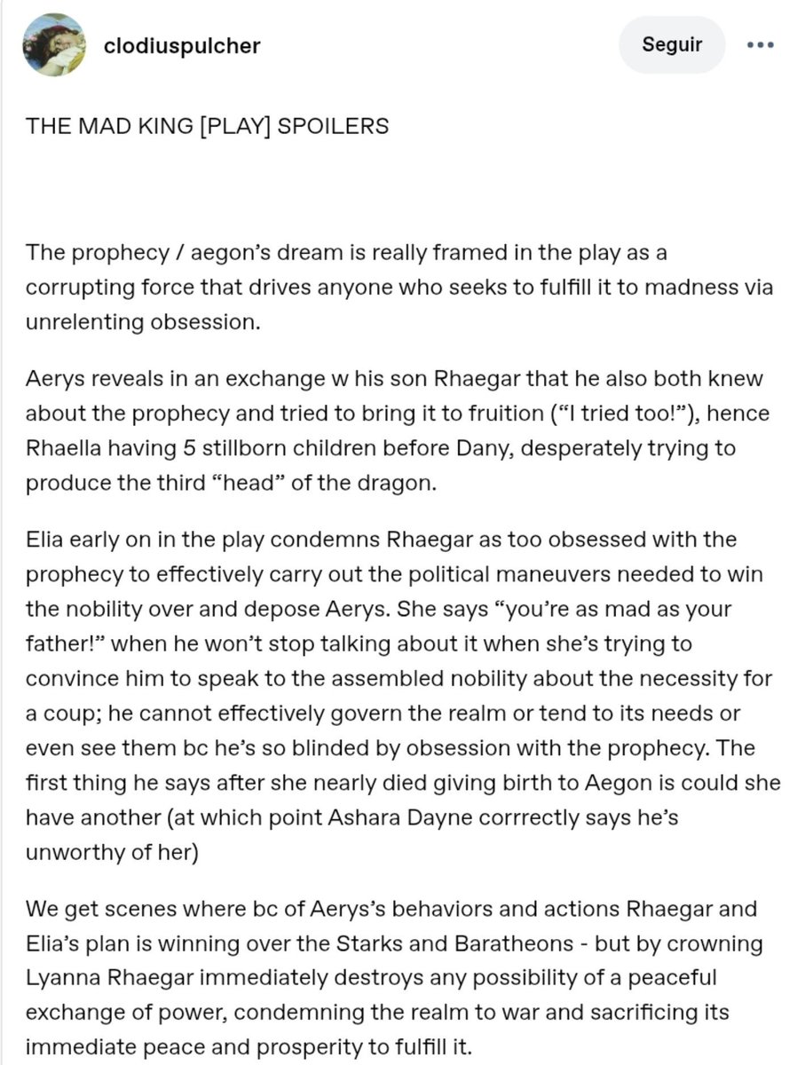 luthiensansa's tweet photo. //Mad King play spoilers

I already knew Rhaegar was a flop &amp; this narrative that we would be a good king was bullshit. But in the play, he actually jeopardized Elia's scheming to dethrone his father (plus Elia is the one who was pushing him TO CARE for politics &amp; the throne) https://t.co/U6Ax6TCe1b