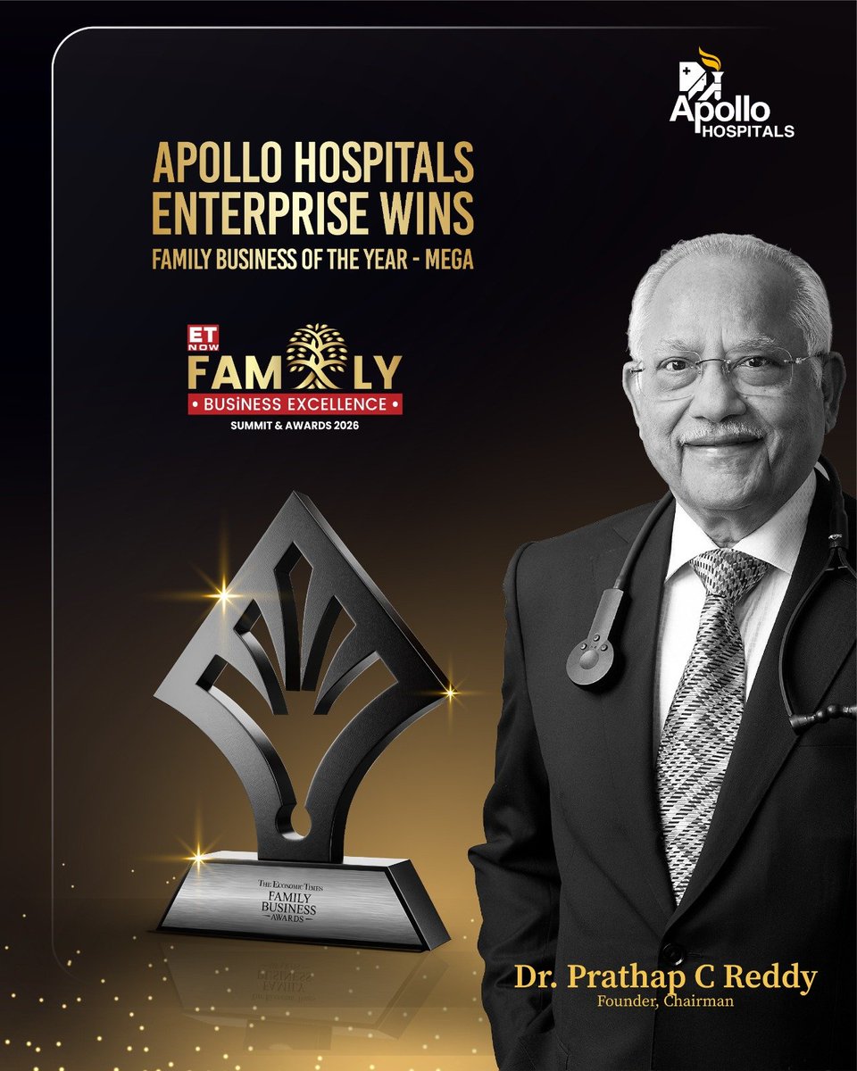 HospitalsApollo's tweet photo. Apollo Hospitals is honoured to be recognised as the Family Business of the Year (Mega) at the ET Family Business Awards 2026. 

A recognition of over four decades of advancing healthcare for India.

#ApolloHospitals #ETFamilyBusinessAwards2026 #FamilyBusinessOfTheYear https://t.co/8WxpGw9Qu6